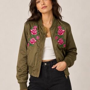 Love Tree Olive Green Floral Embroidered Satin Bomber Jacket Womens Small Rose